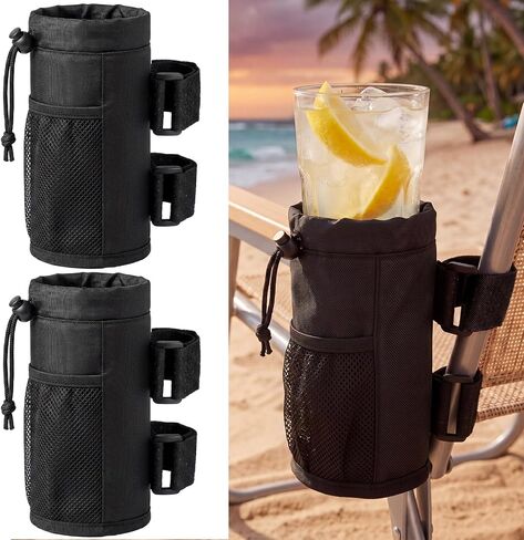 Patelai 2 Pack 4.1x3.5in Beach Chair Cup Holder Camping Chair Drink Holder, Portable Universal Water Bottle Organizer Accessories for Outdoor Beach Camping Lawn Fishing Pool Patio Loungers (Black) in Saudi Arabia