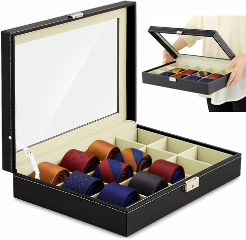 PU Leather Tie Display Case مع 15 مقصورًا ، صندوق تخزين منظم التعادل لإكسسوارات أحزمة الرجال ، حقيبة مجموعة أسود فاخرة لهدية عيد الحب عيد الأب in Kuwait