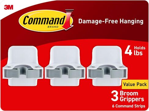 Command Broom Grippers, 3 Hangers and 6 Strips, Damage-Free Mop and Broom Holder Wall Mount, Household Cleaning Tool Organizer for Kitchen, Laundry Room, Closet, Holds up to 4 lb (Pack of 3) in Kuwait