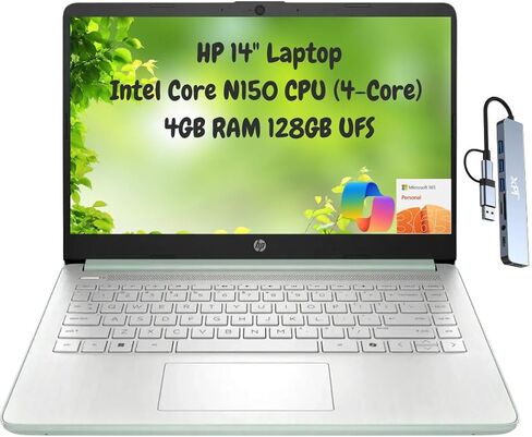 HP 14 Thin Portable Student Laptop 2026, 14" HD, Intel N150, 16GB RAM, 256GB Storage (128GB UFS + 128GB microSD), 1 Year Office 365 1TB Cloud, Wi-Fi 6, HDMI, Docking Station, Webcam, Windows 11, Green in Kuwait
