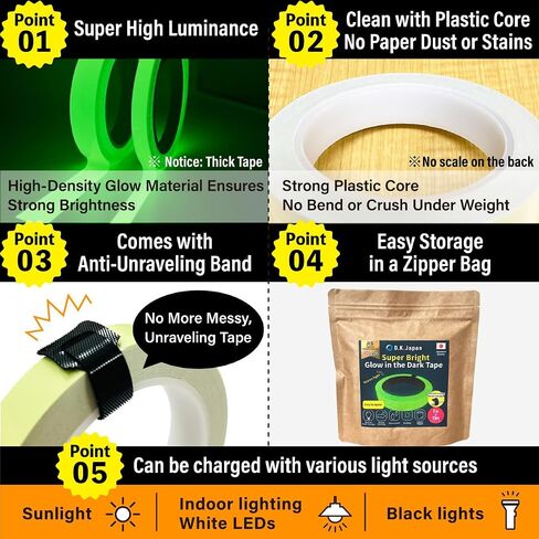 Super Bright Glow in the Dark Tape, Photoluminescent (0.5inch × 10ft) | Ideal for power outages, stair safety, emergency exit marking, pathways, handrails, evacuation routes, and safety guidance. in Kuwait
