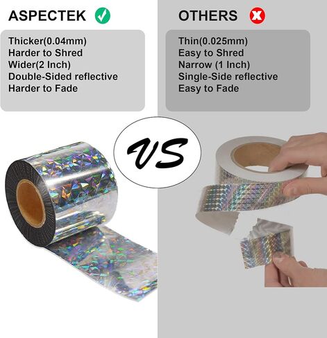شريط عاكس للضوء طارد للطيور من ASPECTEK، عرض عريض 5 سم × 60 متر، شريط رادع مزدوج الجوانب للتحكم في الآفات للحمام، والطائر، ونقار الخشب، والإوز، ومالك الحزين، والطيور السوداء والمزيد in Kuwait