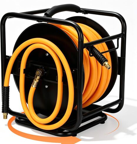 بكرة خرطوم هواء PVC مقاس 3/8 بوصة × 100 قدم، ذراع يدوي | قاعدة دوارة 360 درجة، ضاغط هواء عالي التحمل، خرطوم صناعي 300 رطل لكل بوصة مربعة، 1/4 بوصة NPT، حامل على الحائط وحامل أرضي in Kuwait