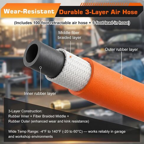 بكرة خرطوم هواء PVC مقاس 3/8 بوصة × 100 قدم، ذراع يدوي | قاعدة دوارة 360 درجة، ضاغط هواء عالي التحمل، خرطوم صناعي 300 رطل لكل بوصة مربعة، 1/4 بوصة NPT، حامل على الحائط وحامل أرضي in Kuwait