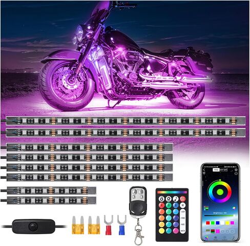 طقم إضاءة LED للدراجة النارية 8 قطع RGB مع التحكم في APP/RF، أضواء تحت الوهج لعربة الجولف، طقم إضاءة Led لـ Harley Davidson 12-18 فولت in Kuwait
