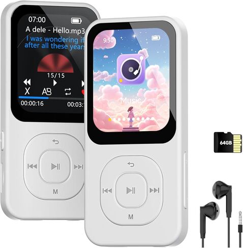 مشغل MP3 سعة 64 جيجابايت مع بلوتوث 5.3، ومشغل موسيقى PECSU مع مكبر صوت، وراديو FM، ومسجل صوت، وصوت HiFi، وكتاب إلكتروني، وسماعات أذن متضمنة (أبيض) in Kuwait
