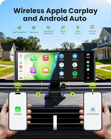 شاشة تشغيل سيارة لاسلكية مقاس 9.26 بوصة لأجهزة Apple CarPlay وAndroid Auto، كمبيوتر لوحي محمول للسيارة مزود بكاميرا احتياطية، رابط مرآة، تحديثات OTA، بلوتوث 5.0، نظام تحديد المواقع العالمي (GPS)، التوصيل والتشغيل، التحكم الصوتي in Kuwait