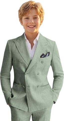 Boys Linen Suits 5 Pieces Summer Wedding Ring Bearer Light Weight Double Breasted 2 Button Formal Suit Kids Tuxedo in Saudi Arabia