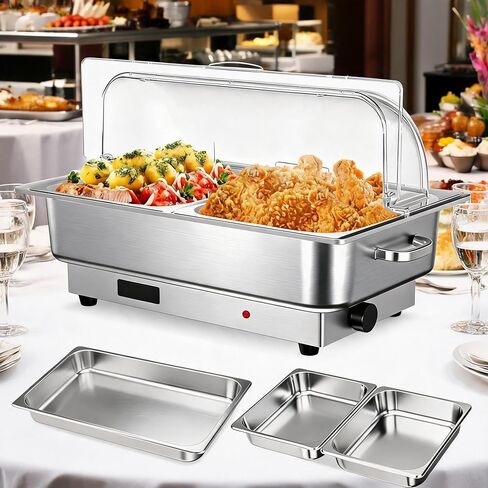 9QT Electric Chafing Dish Buffet Server, Stainless Steel Food Warmer with 400W Adjustable Temperature, Digital Display, Clear Roll Top Lid 1 Full-Size Pan& 2 Half-Size Food Pans for Parties, Buffets in Kuwait