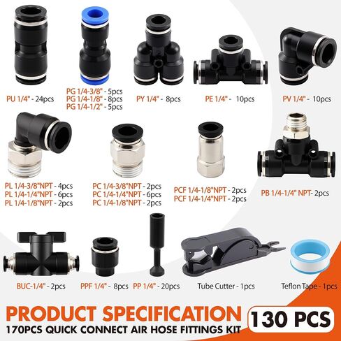 130PCS Quick Connect Air Hose Fittings Kit,1/8" 1/4" 3/8" 1/2" Push to Connect Fittings,Air Line Quick Connect Fittings,Quick Release Pneumatic Kit for Air Compressor,Automotive,Industrial,Air Systems in Kuwait