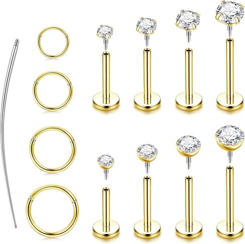 ORAZIO 14K Gold Plated Flat Back Earrings - 16G/18G 316L Surgical Steel Internal Thread CZ Stud Piercing Jewelry for Tragus Helix Cartilage Conch Hypoallergenic Nose Rings Lip Labret Medusa Piercing for Women Men in Saudi Arabia
