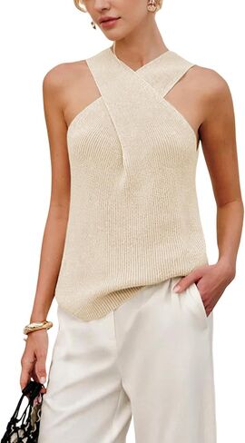 Yeokou Women Halter Cross Over Collar Tank Knit Sleeveless Top Solid Color Casual Summer Blouse in Saudi Arabia