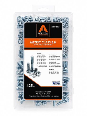 Titan Industrial Supply-425-Piece Metric Class 8.8 Hex Bolt Assortment – Zinc Hex Head Bolts with Matching Hex Nuts, Flat Washers & Lock Washers – M6, M8 & M10 Metric Fastener Kit in Kuwait