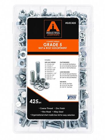Titan Industrial Supply-425 Piece Grade 5 Coarse Thread Nut & Bolt Assortment Kit, Hex Head Bolts and Matching Nuts and Washers, Includes 1/4"-20, 5/16"-18, and 3/8"-16 Sizes, Zinc Plated in Kuwait