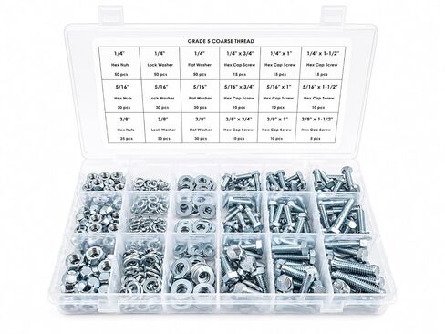 Titan Industrial Supply-425 Piece Grade 5 Coarse Thread Nut & Bolt Assortment Kit, Hex Head Bolts and Matching Nuts and Washers, Includes 1/4"-20, 5/16"-18, and 3/8"-16 Sizes, Zinc Plated in Kuwait