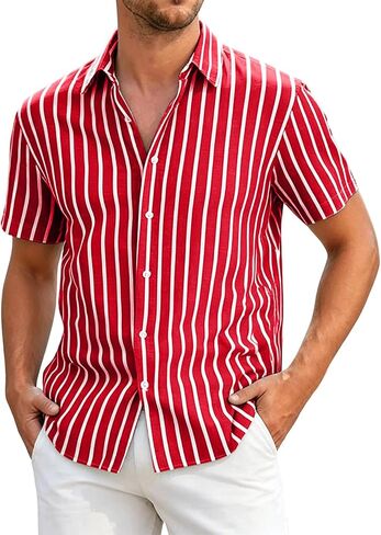 Mens Striped Button Down Shirt Short Sleeve Casual | Vertical Stripes, Button Front, Point Collar, Straight Hem, Vacation Shirt, Resort Wear, Beach Shirt, Warm Weather, Loose Fit in Kuwait