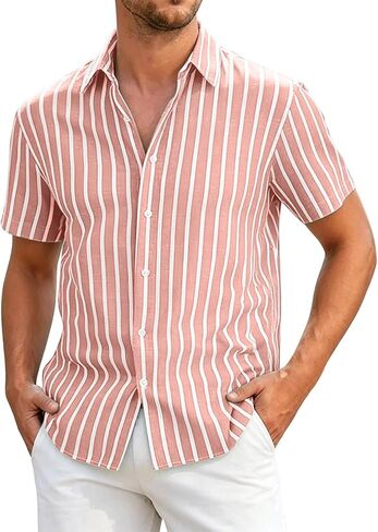 Mens Striped Button Down Shirt Short Sleeve Casual | Vertical Stripes, Button Front, Point Collar, Straight Hem, Vacation Shirt, Resort Wear, Beach Shirt, Warm Weather, Loose Fit in Saudi Arabia