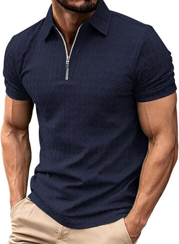 Men's Quarter Zip Shirt Short Sleeve Textured Golf Tops | Quarter Zip Shirt, Geometric Texture, Collared , For Golf, Resort, Office Casual, And Summer Outfits in Kuwait