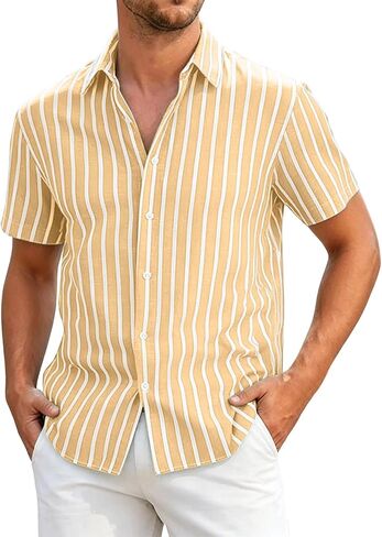 Mens Striped Button Down Shirt Short Sleeve Casual | Vertical Stripes, Button Front, Point Collar, Straight Hem, Vacation Shirt, Resort Wear, Beach Shirt, Warm Weather, Loose Fit in Saudi Arabia