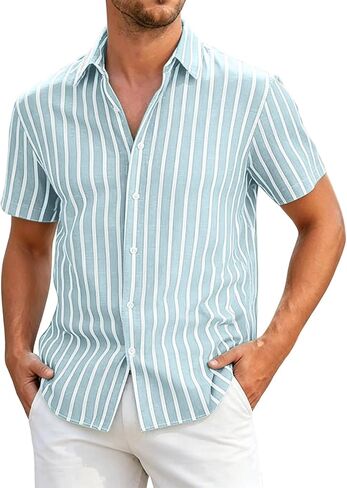 Mens Striped Button Down Shirt Short Sleeve Casual | Vertical Stripes, Button Front, Point Collar, Straight Hem, Vacation Shirt, Resort Wear, Beach Shirt, Warm Weather, Loose Fit in Saudi Arabia