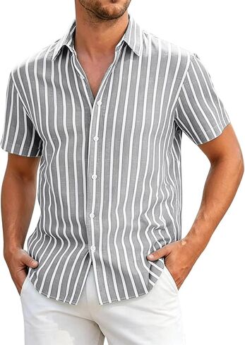 Mens Striped Button Down Shirt Short Sleeve Casual | Vertical Stripes, Button Front, Point Collar, Straight Hem, Vacation Shirt, Resort Wear, Beach Shirt, Warm Weather, Loose Fit in Saudi Arabia