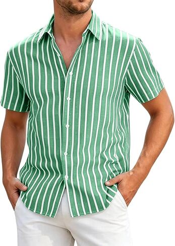 Mens Striped Button Down Shirt Short Sleeve Casual | Vertical Stripes, Button Front, Point Collar, Straight Hem, Vacation Shirt, Resort Wear, Beach Shirt, Warm Weather, Loose Fit in Saudi Arabia