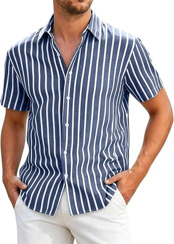 Mens Striped Button Down Shirt Short Sleeve Casual | Vertical Stripes, Button Front, Point Collar, Straight Hem, Vacation Shirt, Resort Wear, Beach Shirt, Warm Weather, Loose Fit in Saudi Arabia