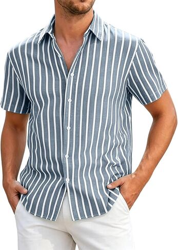 Mens Striped Button Down Shirt Short Sleeve Casual | Vertical Stripes, Button Front, Point Collar, Straight Hem, Vacation Shirt, Resort Wear, Beach Shirt, Warm Weather, Loose Fit in Saudi Arabia