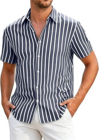 Mens Striped Button Down Shirt Short Sleeve Casual | Vertical Stripes, Button Front, Point Collar, Straight Hem, Vacation Shirt, Resort Wear, Beach Shirt, Warm Weather, Loose Fit in Saudi Arabia