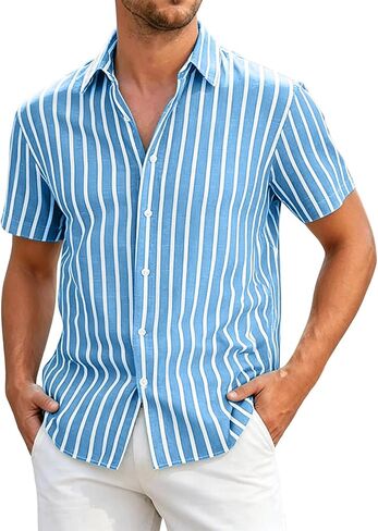 Mens Striped Button Down Shirt Short Sleeve Casual | Vertical Stripes, Button Front, Point Collar, Straight Hem, Vacation Shirt, Resort Wear, Beach Shirt, Warm Weather, Loose Fit in Saudi Arabia