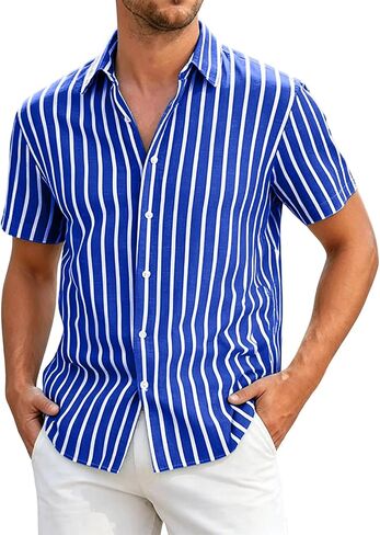 Mens Striped Button Down Shirt Short Sleeve Casual | Vertical Stripes, Button Front, Point Collar, Straight Hem, Vacation Shirt, Resort Wear, Beach Shirt, Warm Weather, Loose Fit in Saudi Arabia