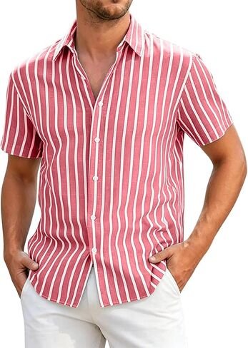Mens Striped Button Down Shirt Short Sleeve Casual | Vertical Stripes, Button Front, Point Collar, Straight Hem, Vacation Shirt, Resort Wear, Beach Shirt, Warm Weather, Loose Fit in Saudi Arabia