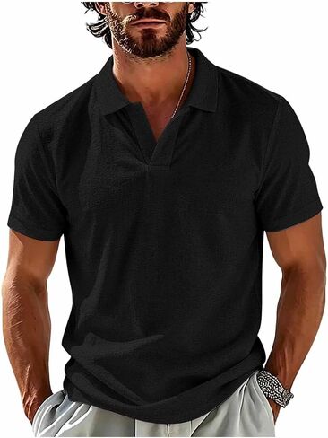 Mens V Neck Collared Shirt Short Sleeve Casual Tops | Relaxed Fit, Curved Hem, Vacation Shirt, Resort Wear, Daily Shirt, Travel Wear, Warm Weather, Beach Wear, Summer Vacation in Kuwait