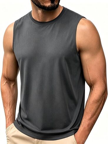 Men's Sleeveless Tank Top Crew Neck Workout Muscle Shirt | Crew Neck Tank Top, Sleeveless, Soft Comfortable Fit, For Gym, Bodybuilding, Beach, Running, And Summer Wear in Kuwait