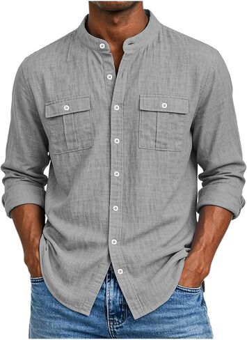Mens Cotton Linen Top Long Sleeve Button Down Shirt | Button Front, Chest Pockets, Curved Hem, Beach Shirt, Resort Wear, Cool Weather, Linen Texture, Breathable Feel, Beach Wear in Kuwait