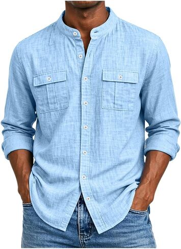 Mens Cotton Linen Top Long Sleeve Button Down Shirt | Button Front, Chest Pockets, Curved Hem, Beach Shirt, Resort Wear, Cool Weather, Linen Texture, Breathable Feel, Beach Wear in Saudi Arabia