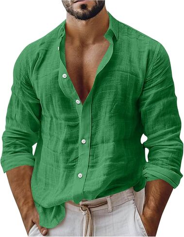 Mens Cotton Button Down Shirt Long Sleeve Casual | Cotton Fabric, Button Front, Point Collar, Curved Hem, Vacation Shirt, Resort Wear, Travel Shirt, Cool Weather, Beach Wear in Kuwait