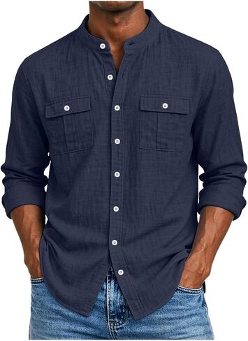 Mens Cotton Linen Top Long Sleeve Button Down Shirt | Button Front, Chest Pockets, Curved Hem, Beach Shirt, Resort Wear, Cool Weather, Linen Texture, Breathable Feel, Beach Wear in Saudi Arabia