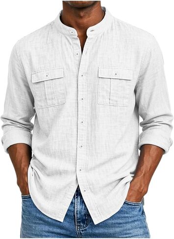 Mens Cotton Linen Top Long Sleeve Button Down Shirt | Button Front, Chest Pockets, Curved Hem, Beach Shirt, Resort Wear, Cool Weather, Linen Texture, Breathable Feel, Beach Wear in Saudi Arabia