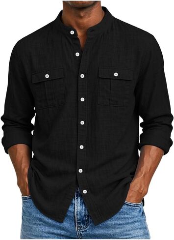 Mens Cotton Linen Top Long Sleeve Button Down Shirt | Button Front, Chest Pockets, Curved Hem, Beach Shirt, Resort Wear, Cool Weather, Linen Texture, Breathable Feel, Beach Wear in Saudi Arabia