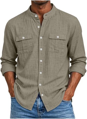 Mens Cotton Linen Top Long Sleeve Button Down Shirt | Button Front, Chest Pockets, Curved Hem, Beach Shirt, Resort Wear, Cool Weather, Linen Texture, Breathable Feel, Beach Wear in Saudi Arabia