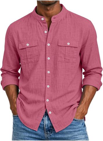 Mens Cotton Linen Top Long Sleeve Button Down Shirt | Button Front, Chest Pockets, Curved Hem, Beach Shirt, Resort Wear, Cool Weather, Linen Texture, Breathable Feel, Beach Wear in Saudi Arabia