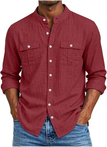 Mens Cotton Linen Top Long Sleeve Button Down Shirt | Button Front, Chest Pockets, Curved Hem, Beach Shirt, Resort Wear, Cool Weather, Linen Texture, Breathable Feel, Beach Wear in Saudi Arabia