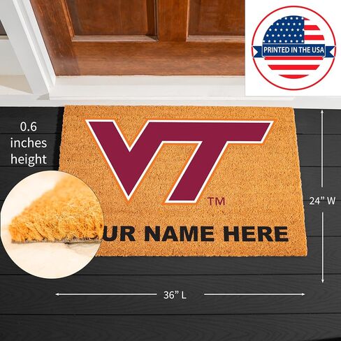 NCAA Virginia Tech Personalized Large Coir Doormat 2'x3' (36"x24"), Custom Name Front Door Mat with Non-Slip Rubber Back, Indoor Outdoor Entrance Rug Welcome Mats for Porch Patio Deck in Kuwait