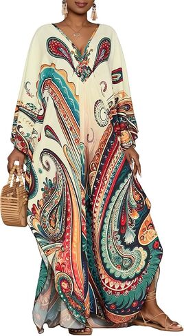 فساتين BSUBSEACH KAFTAN للنساء العرقية المطبوعة بالإضافة إلى التغطية الشاطئية الحجم تغطية الأكمام BATWING CAFTANS مع جيوب in Kuwait