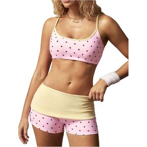 Milumia Women's Polka Dots Workout Set 2 Piece Cropped Cami Sports Bra Fold Over Yoga Shorts Set in Kuwait