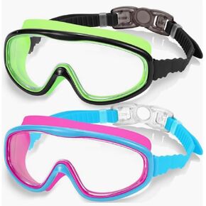 Kids Swim Goggles 2 Pack, No Leak Wide View Anti-Fog UV Protection with Soft Silicone & Fabric Strap for Boys Girls 3-15 in Saudi Arabia