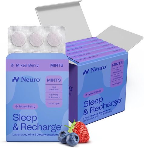 نوم Neurogum وإعادة شحن Meltaway Mints | 1mg melatonin + Chamomile + Elderberry + Lemon Balm + Passion Flower | مكملات الاستراحة الطبيعية خالية من السكر (التوت المختلط ، 72 قطعة) in Kuwait
