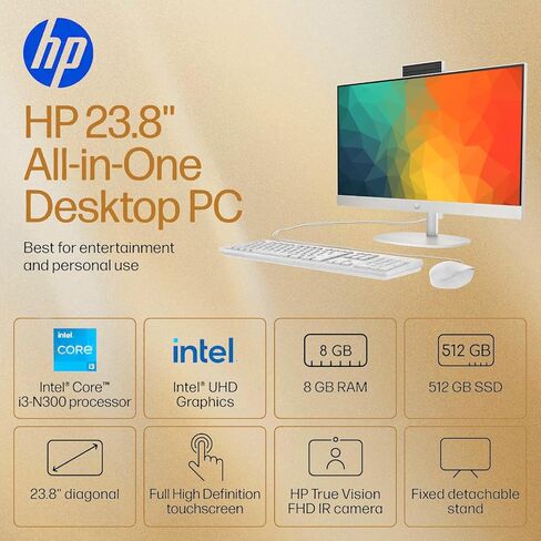 كمبيوتر مكتبي HP الكل في واحد مقاس 24 بوصة، شاشة FHD IPS، شاشة تعمل باللمس، Intel Core i3، 8 جيجابايت DDR4، 512 جيجابايت SSD، Intel UHD Graphics، HDMI، USB-C/A، RJ45، لوحة مفاتيح وماوس، مضاد للتوهج، WiFi6، Win 11 Pro in Kuwait