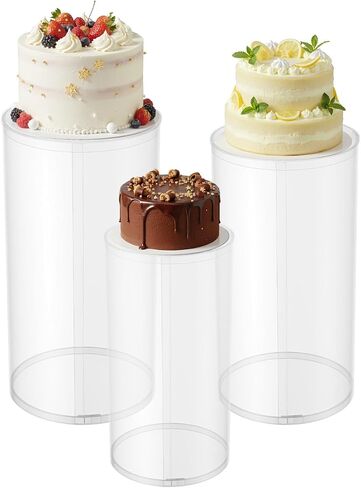 PVC Cylinder Pedestal Stands 3Pcs Reusable Cake White Round Cylinder Plinths Pedestal Stand for Wedding, Birthday, Babyshower Decorations 35.4''(L),29.5''(M),23.6''(S) (White) in Kuwait